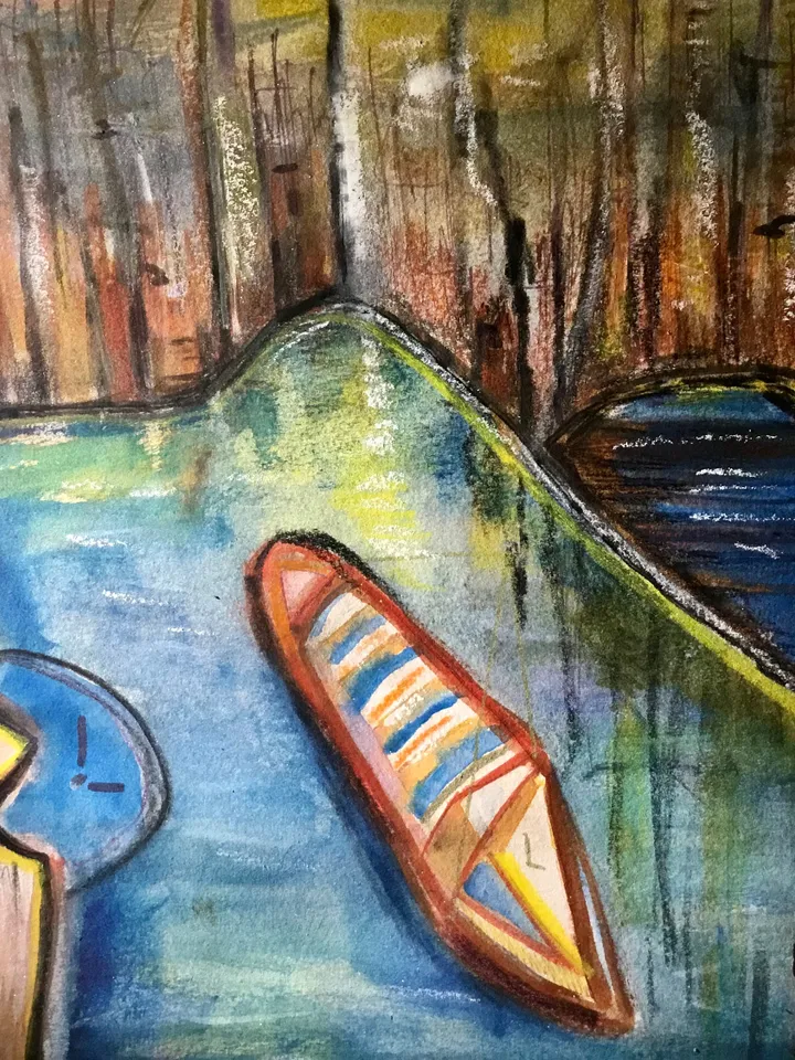 Fantasy cityscape with a boat,original watercolour mix media painting on watercolour 350 g paper,fantasy landscape wall hanging.