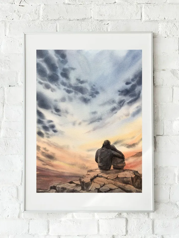 Sunset Original Seascape Painting Watercolor Romantic Painting Love Art
