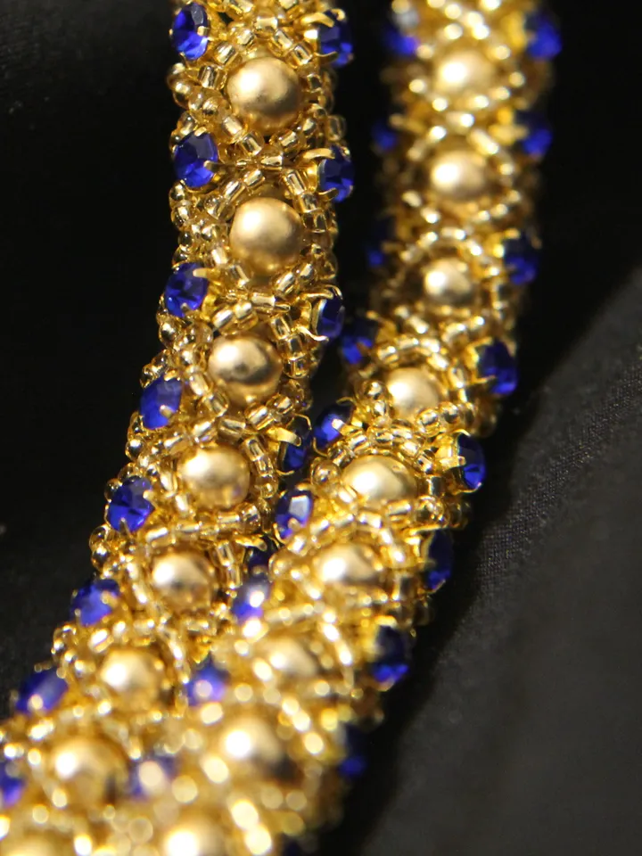 Beads necklace gold hematite and cornflower blue rhinestones