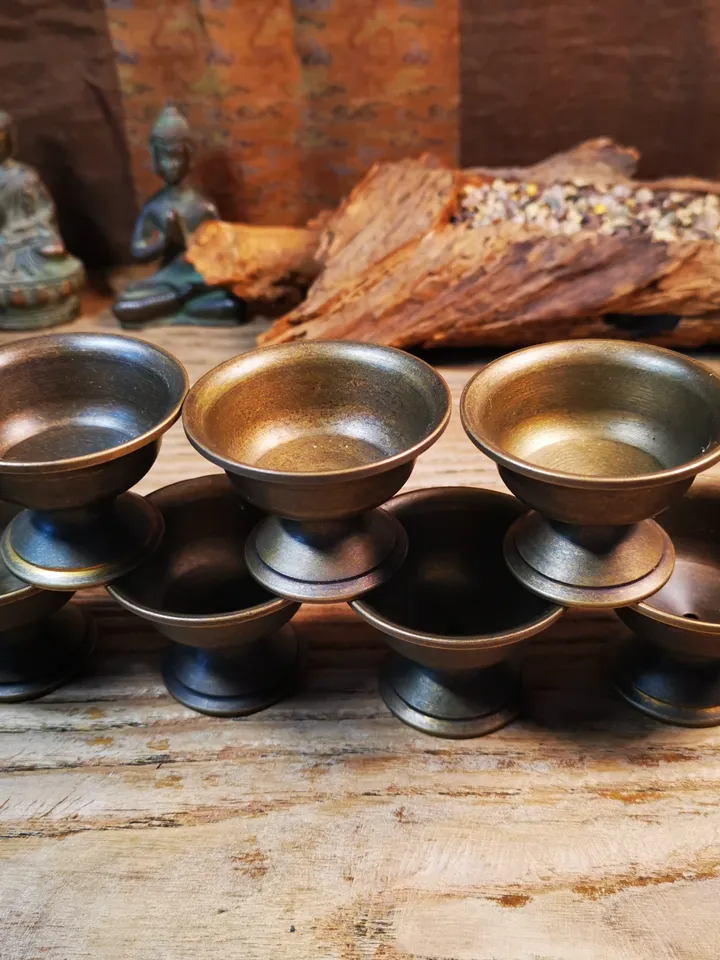 Gandhanra Handmade Tibetan Buddhist Offering Butter Lamps,Made of Red Copper,1 Set of 7 Lamps