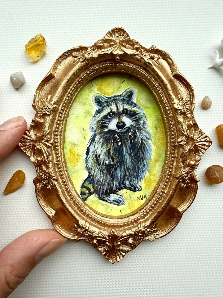 Raccoon Painting Original Small Framed Animals Gouache Painting Cute Wildlife Art Oval Frame