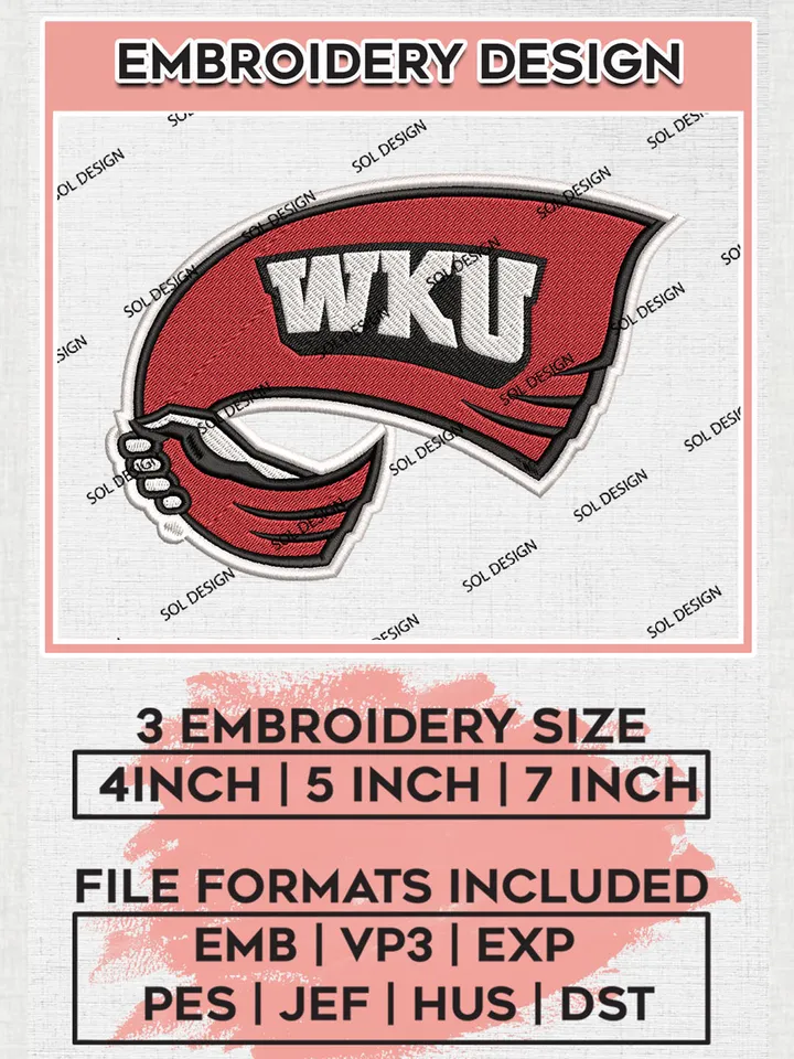 Western Kentucky Hilltoppers Logo Machine Embroidery Design, NCAA WKU Hilltoppers Embroidery Design Design files, NCAA Embroidery Designs, NCAA Machine Embroidery Designs, Digital Download