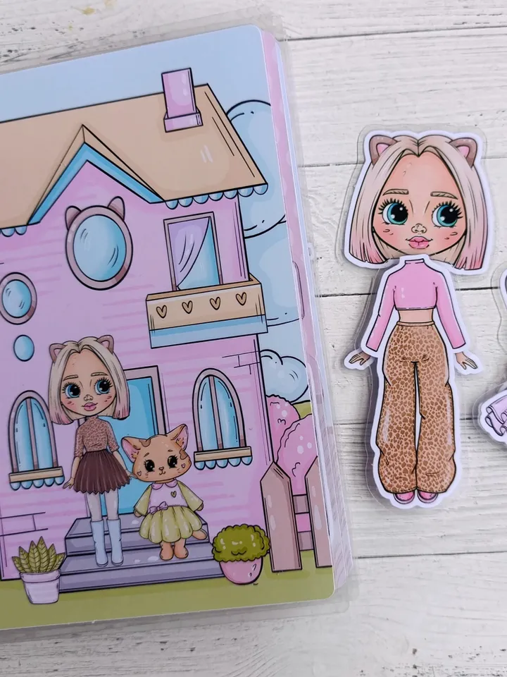 Printable Paper Blythe doll house, printable Doll with cat and clothes set, Holiday Blythe paper doll dress, Busy book printable crafts kids