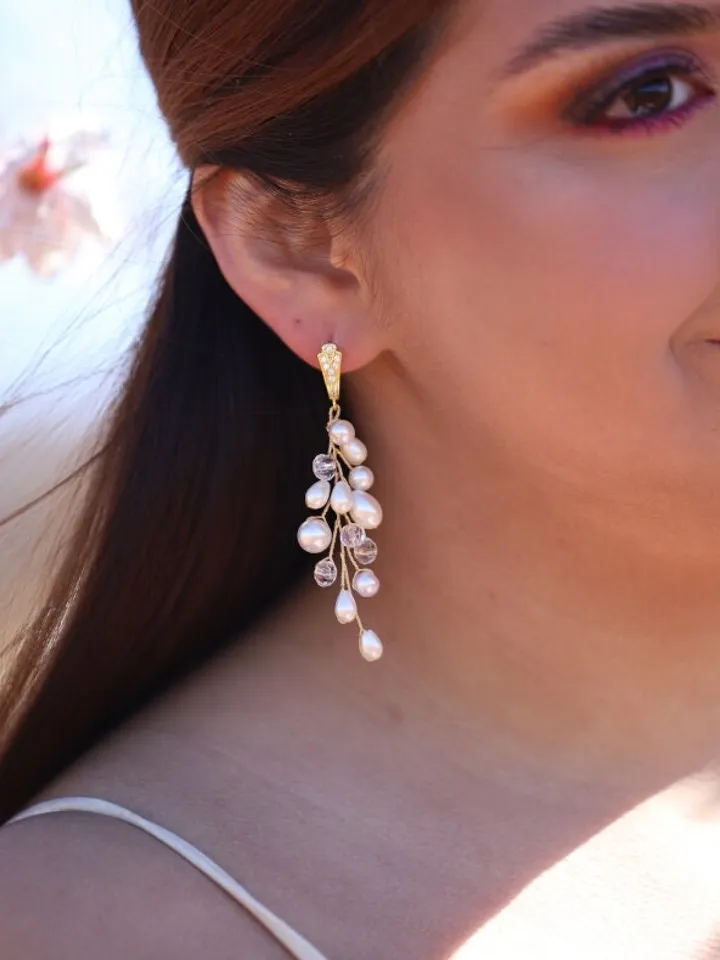 Boho Wedding Earrings, Pearl Statement Wedding Earrings, Swarovski Crystal Bridal Earrings, Statement Wedding Jewelry Set, Gold Jewellery