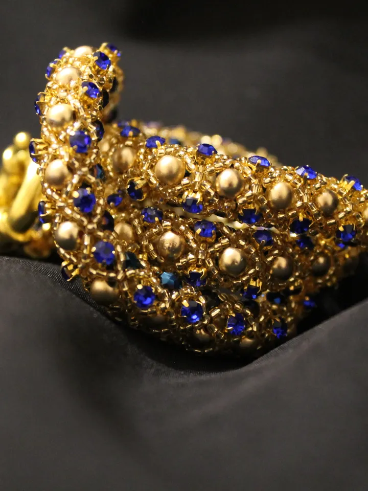Beads necklace gold hematite and cornflower blue rhinestones