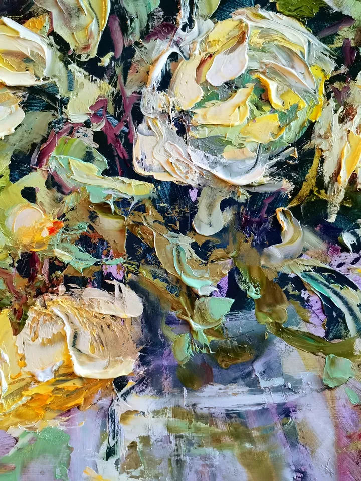 Yellow Roses Flower Bouquet Oil Painting Impasto Original Artist Svinar Oksana