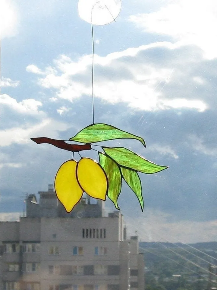 Yellow Lemons on Branch with Green Foliage . Art stained glass window hanging Suncatcher . Leaves leaf , Fruit Kitchen Decor
