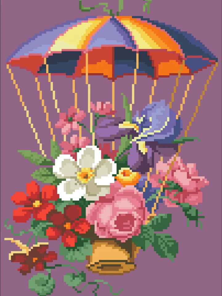 Antique Cross Stitch Pattern Parachute with a Bouquet Counted Digital Download PDF