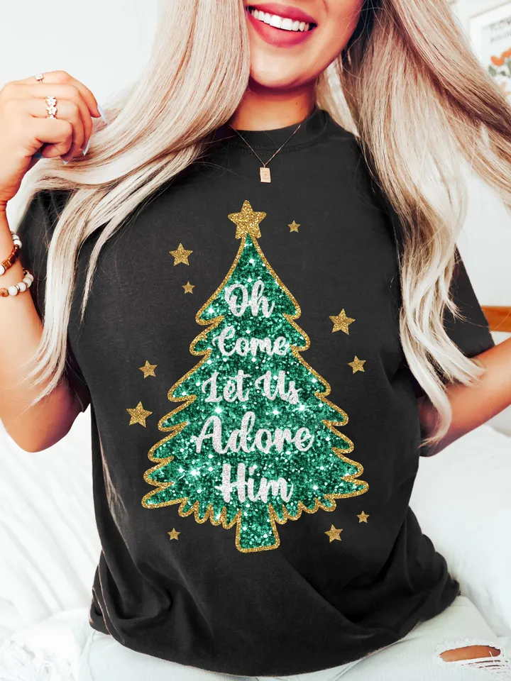 Oh Come Let Us Adore Him, Christmas PNG, Faux Glitter Christmas Tree, Hand Drawn, Hand Lettered, Faux Glitter Sequins, Sublimation Download