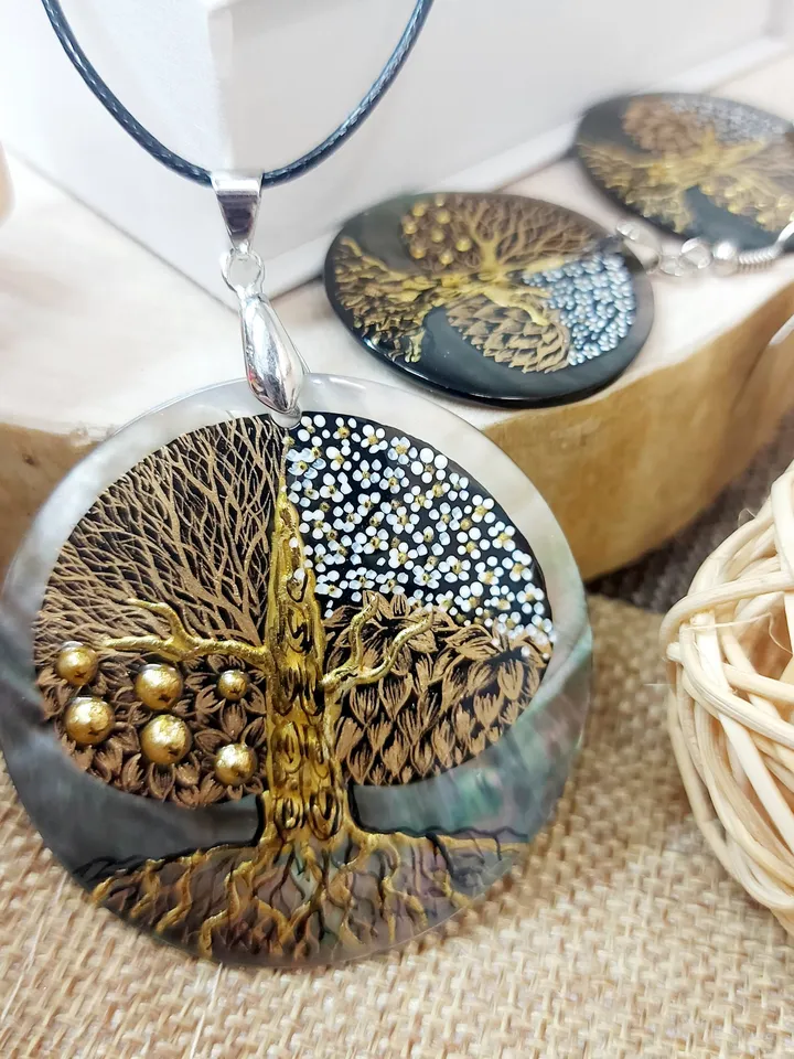 Seasons of Life: Artistic Tree of Life Pendant and Earrings Set - Hand-Painted by Skilled Artisans inspired by Gustav Klimt's Masterpieces