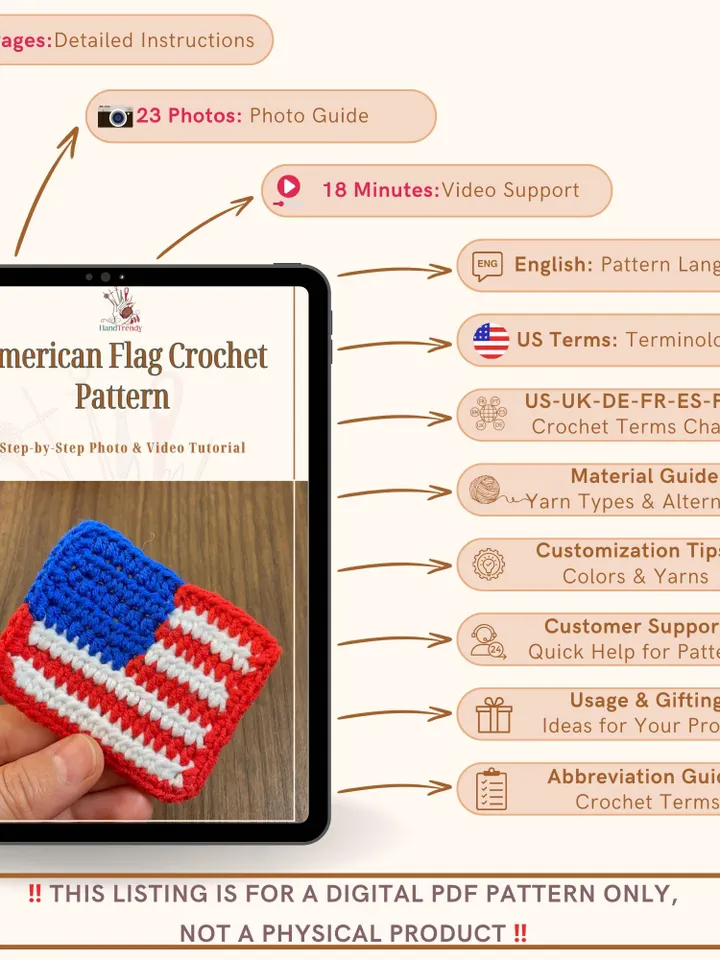 American Flag Crochet Pattern, USA Flag Applique PDF, Patriotic Crochet Square, DIY Independence Day Decor, Handmade 4th of July Craft