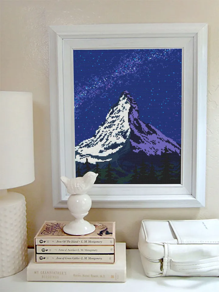 Mount Everest cross stitch pattern download PDF Mountain landscape cross stitch chart Nature beginner stitch Starry night sky digital #L32