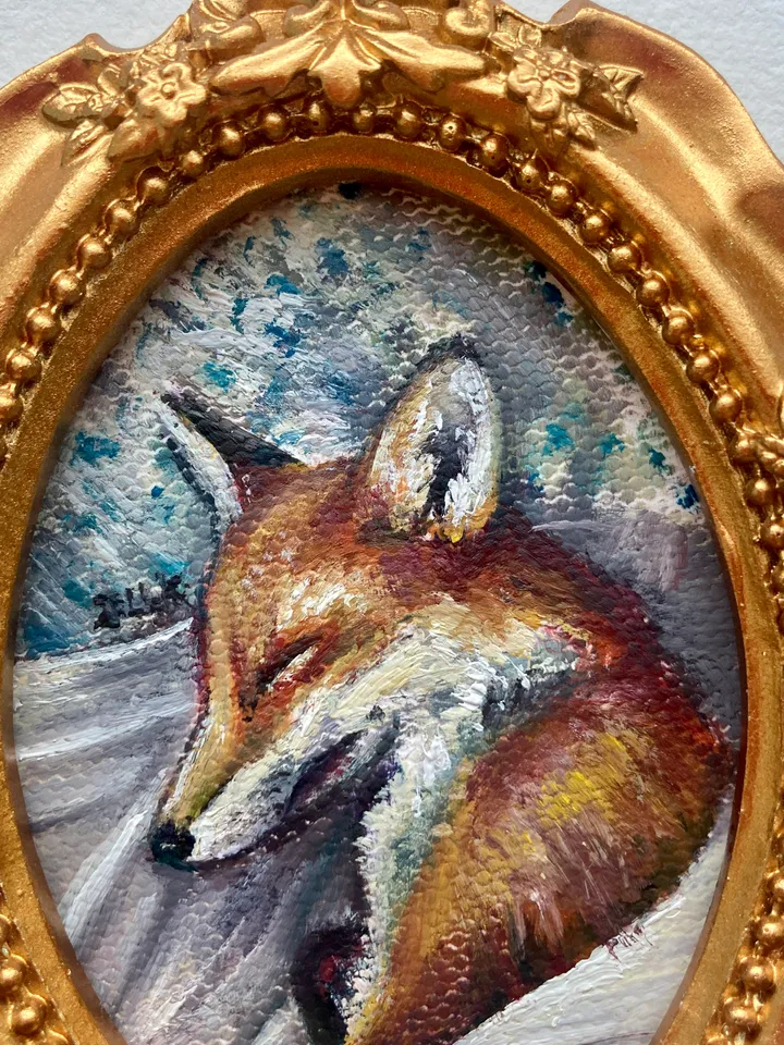 Fox Oil Painting Original In Vintage Style Frame Small Framed Animals Wildlife Art Oval Frame