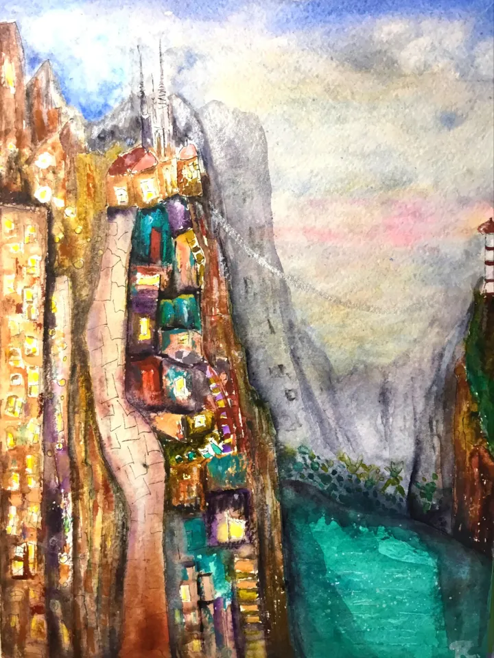 Abstract watercolour painting,original watercolour wall art,fantasy landscape,architecture and cityscape painting.