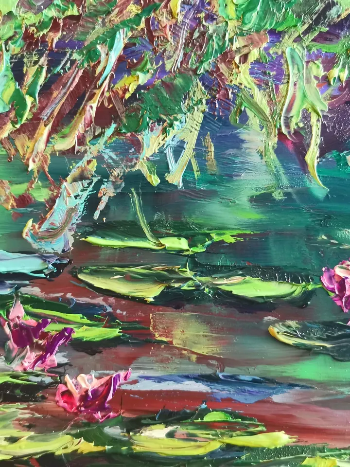 Water Lilies Pond Original Impasto Art Oil Painting Beach Artist Svinar Oksana