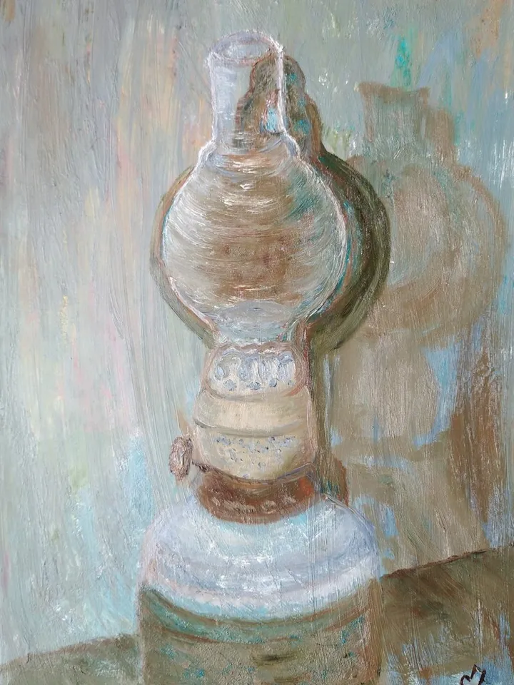 Still Life Oil Painting with Kerosene Lamp Vintage Wall Art 12x8 Inch Paper