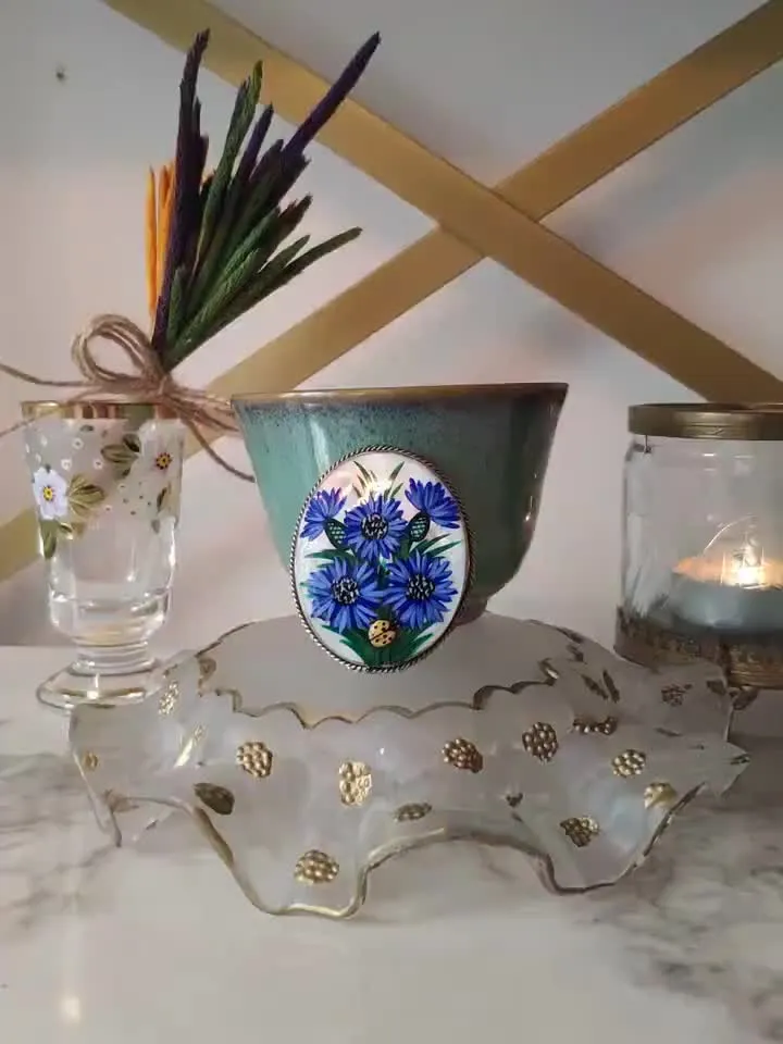 Brooches for women: Awesome blue cornflowers on pearl jewelry pin • Unique handmade jewelry painted on shell • Tiny ladybug on flower leaf