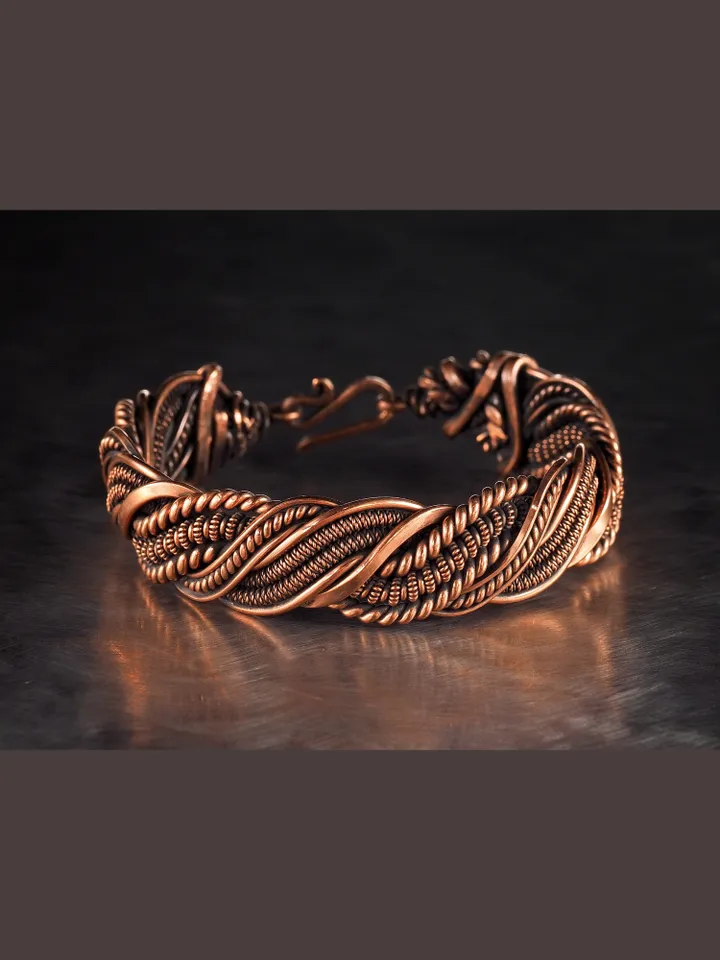 Wire wrapped bracelet, Unique 7th 22nd Anniversary gift idea, Art Nouveau antique style, One of kind braided statement bangle, Handmade oxidized pure copper jewelry, Pain relief, EMF protection