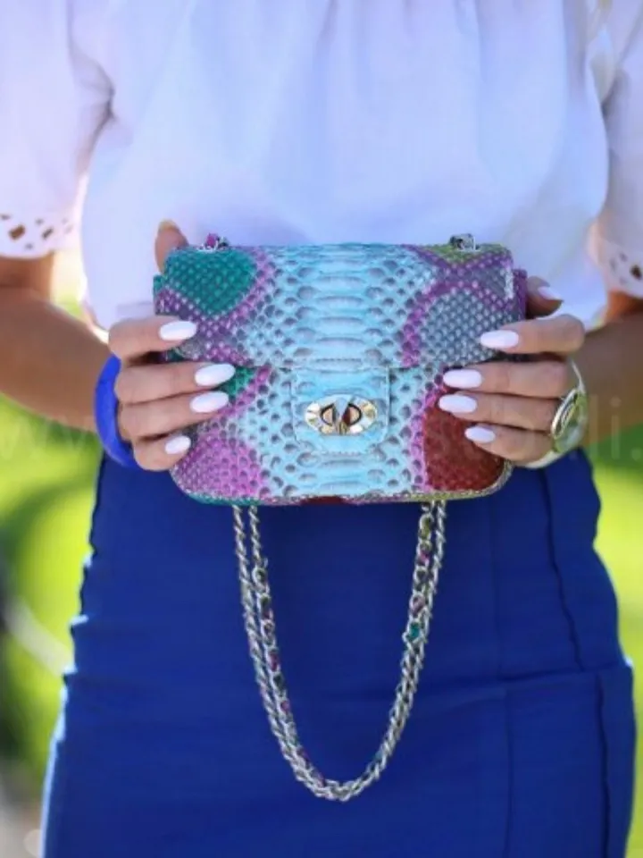 Genuine Python Skin crossbody bag blue multicolour | Adjustable Chain Classy Elegant Crossbody Small Lady Summer Bag | Python Purse