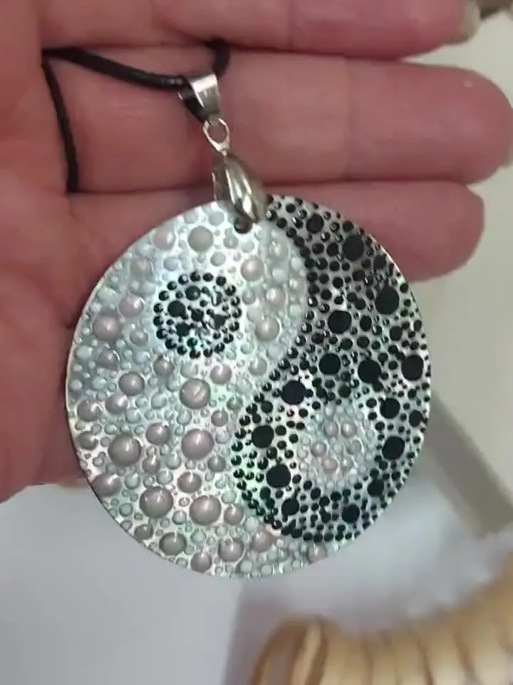 Illuminating Equilibrium: Hand-Painted Dotwork Yin Yang Pendant on Iridescent Mother-of-Pearl - Nacre Symbol of Ethereal Balance and Unity
