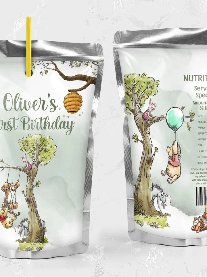 Editable Juice Label Hundred Acre Wood First Birthday party juice label; Winnie the Pooh Party; Classic Pooh Party Birthday ; wp2