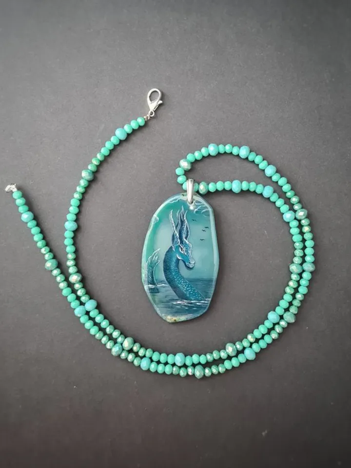 Dragon necklace Painting Dragon on Agate Stone charm Christmas Gift Wrapping