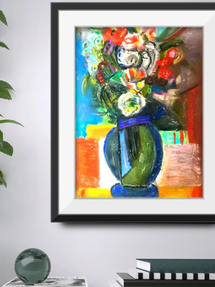 Flowers pastel original painting.Hand made abstract painting on 3 d canvas.