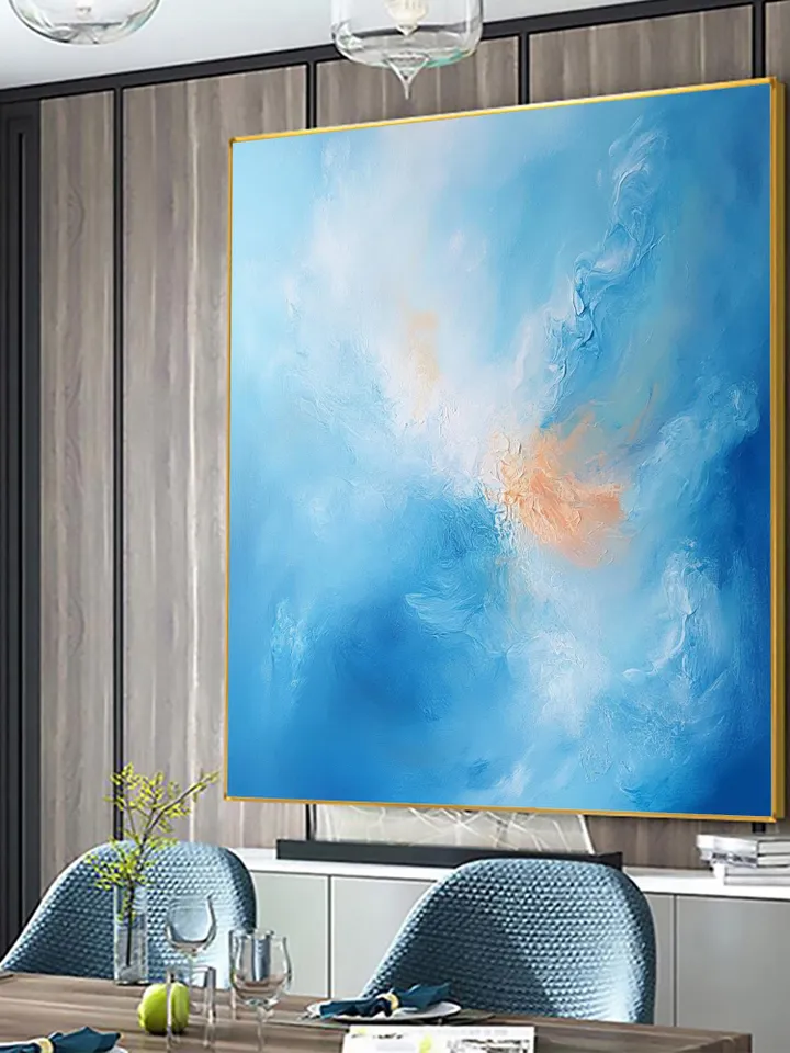 Hand-Painted Abstract Sea Oil Painting on Canvas | Soft Blue and Orange Art | Serene Wall Decor for Living Room or Bedroom | Custom Painting