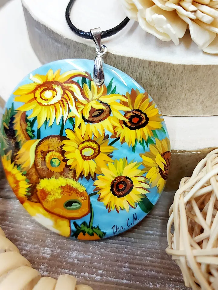 Sunflowers. In the style of Van Gogh. Mother-of-pearl. The Van Gogh pendant. Hand-painted necklace pendant. Hand painted miniature painting.