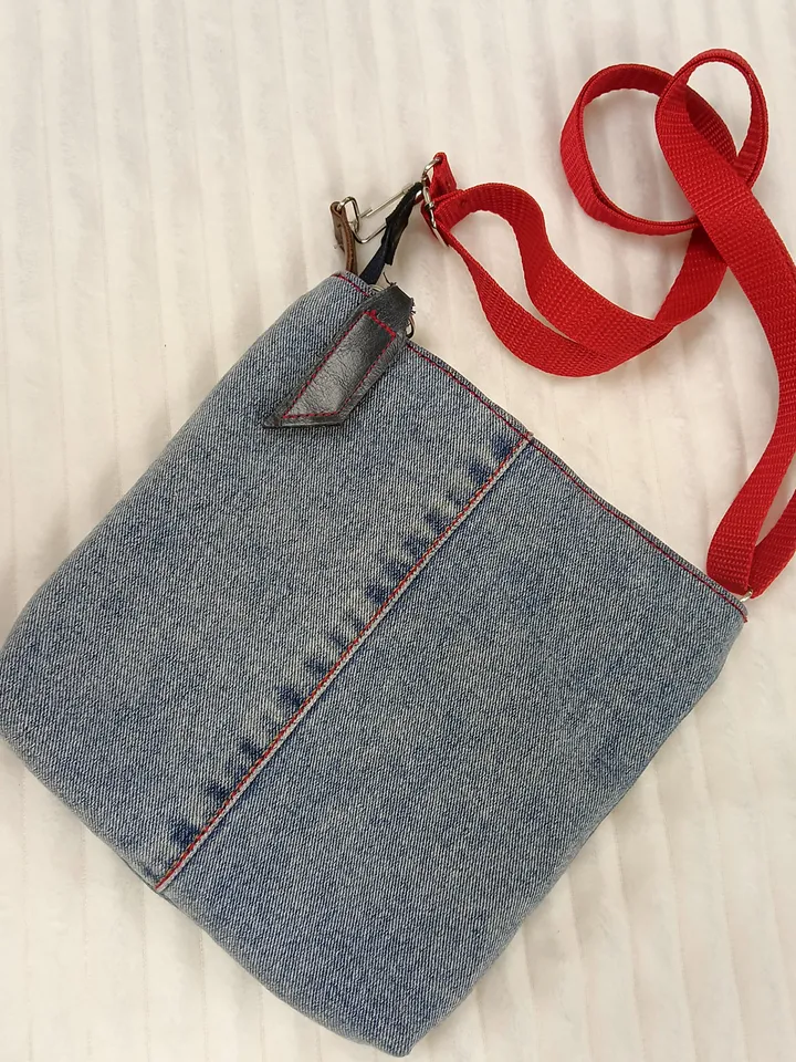 Small denim crossbody or shoulder bag, handmade in crazy patchwork style from environmentally friendly jeans material