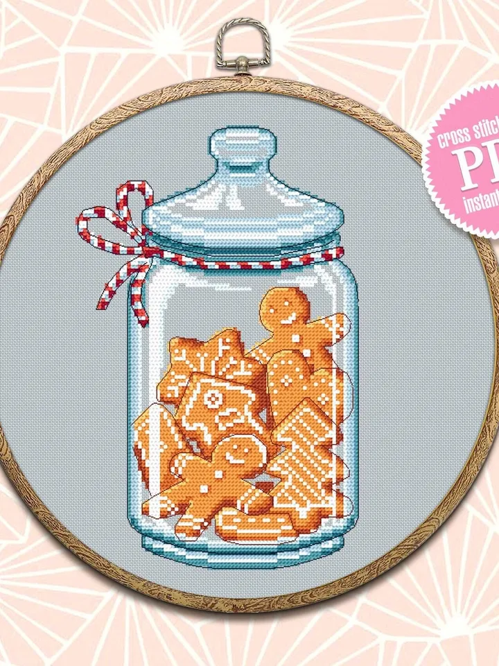 Christmas gingerbread cross stitch pattern download PDF, Christmas jar cross stitch chart, Holiday hand embroidery PDF, Sweet Christmas #N85