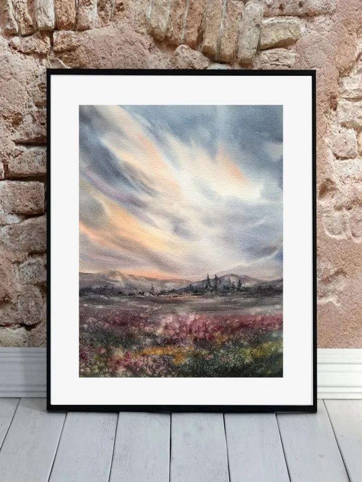 Field Painting Original Watercolor Painting Sunset Painting Landscape Wall Art Sky Painting