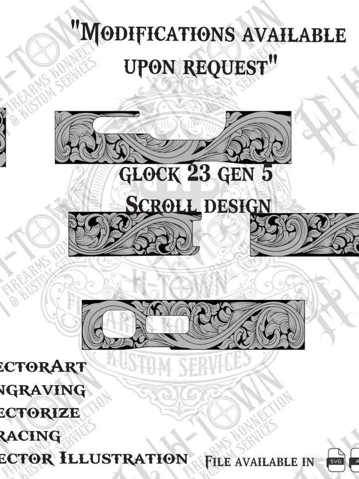 GLOCK 23 gen 5 Engraving Scroll Vector | Ornamental Grip Design | Full Slide Svg Png AI EPS | Custom Laser Template