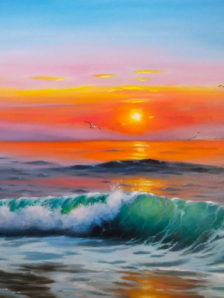 Seascape oil painting Seaside and ship art Turquoise wave Sunset in the sea artwork for bedroom, office and living room