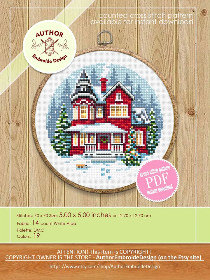 Christmas red house cross stitch pattern PDF download Winter landscape cross stitch chart, Merry Christmas pattern digital PDF #N174