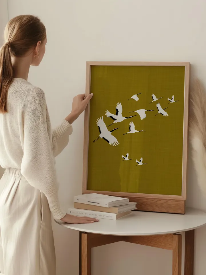 Olive Green Cranes Wall Art Digital Print Japanese Style Gold Accent Bird Poster Maximalist Decor Eclectic living Room Artwork Gift poster
