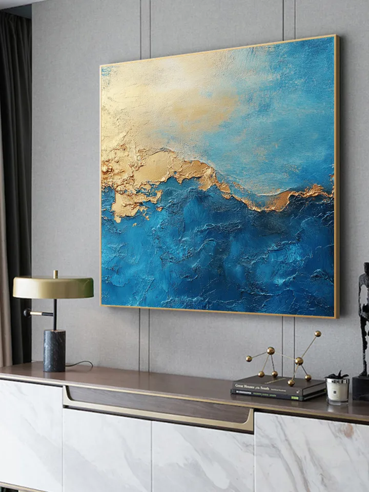 Abstract Gold leaf Oil Painting on Canvas, Original Blue Painting, Large Wall Art, Custom Painting, Living room Office Wall Art, Home Deocr