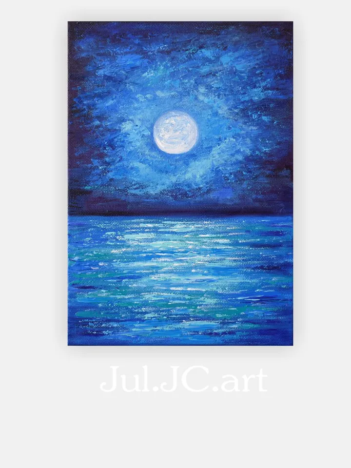 Seascape painting Moonlit night art original oil painting Full moon Night ocean artwork 12 by 8.3 inch by Juliya JC