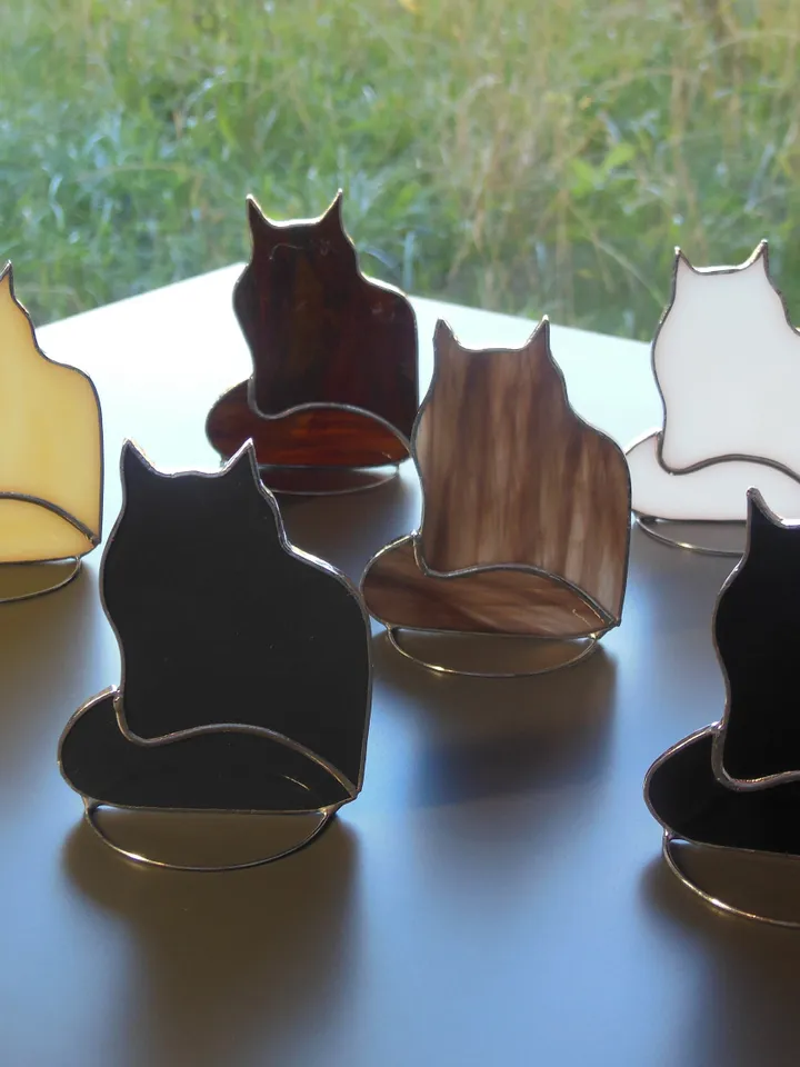 Fluffy Long Hair Cat , Stained glass window hanging or sitters on shelf Suncatcher , black , white , gray , brown mottled , cocoa , amber