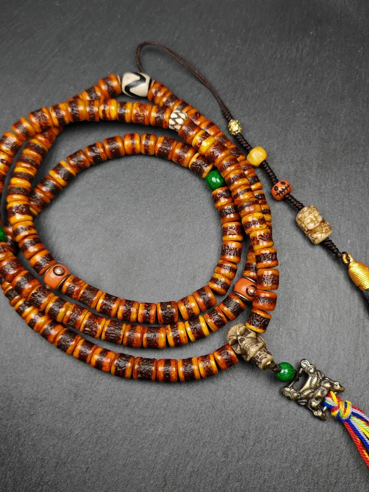 Gandhanra Old Tibetan Rosary, 10mm Yak Bone Kapala Mala,Traditional 108 Prayer Beads for Meditation and Prayer,20 Inches Length