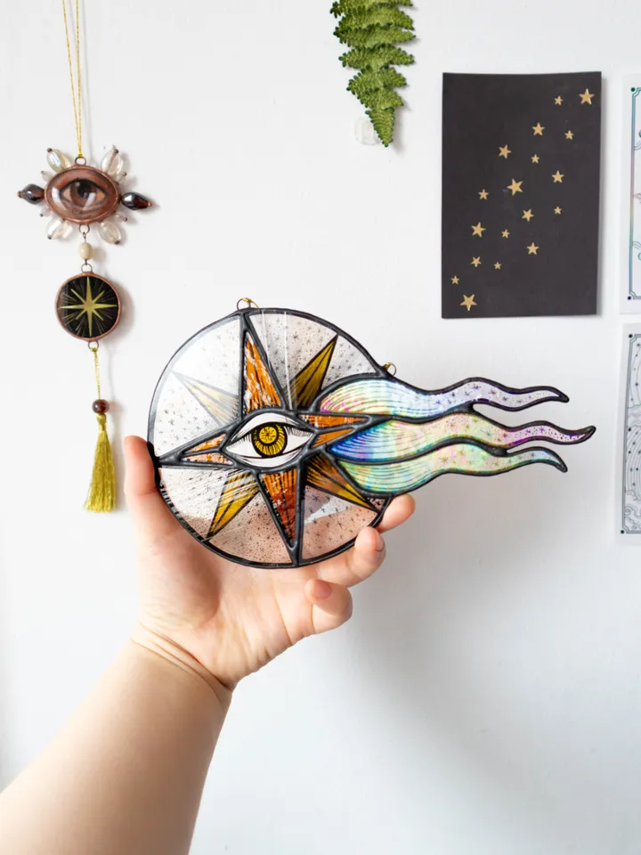 Stained glass ornament, Celestial home decor, Star Art