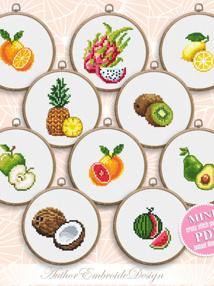 Mini fruit cross stitch pattern PDF download Set of 10 fruits cross stitch chart, Small fruit pattern digital PDF, Kitchen decor #F18