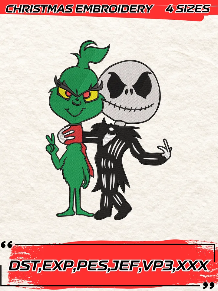 Jack Skellington And Grinch Embroidery Designs,Halloween Christmas Embroidery,Christmas Embroidery Design,4 Sizes,Digital Download