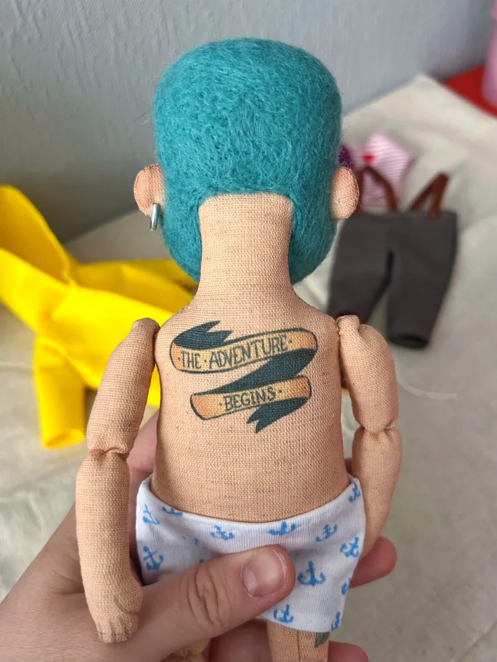 Textile doll sailor with turquoise hair