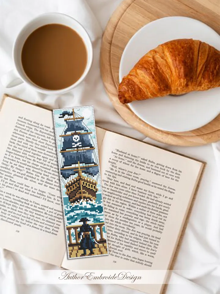 Pirate bookmark cross stitch pattern PDF download Pirate ship cross stitch chart, Needlepoint bookmark pattern digital PDF for boys #B474