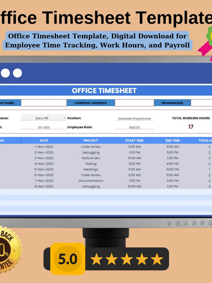 Office Timesheet Template, Editable Google Sheets, Easy-to-Use, Digital Download for Employee Time Tracking, Work Hours, and Payroll