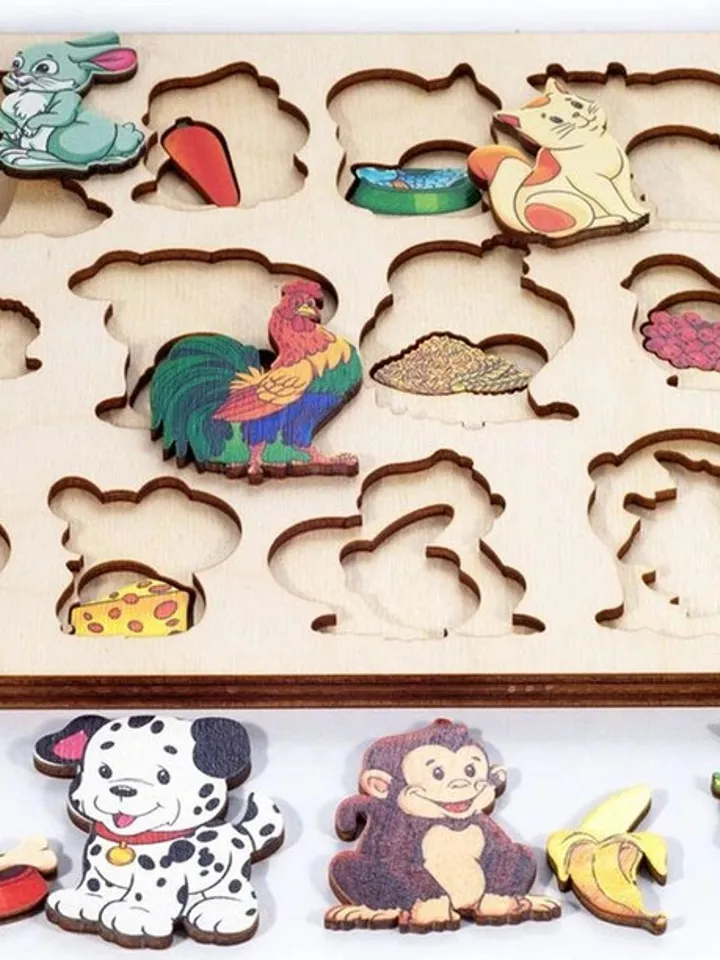 Wooden Puzzle - animals and food, Montessori toddler toy, preschool toy