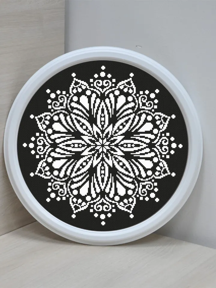 Monochrome mandala cross stitch pattern download PDF Flower mandala digital Modern beginner stitch Floral ornament cross stitch chart #M173