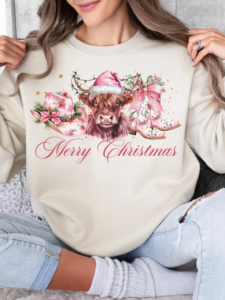 Pink Cowboy Christmas PNG, Merry Christmas, Western Sublimation, Highland cow png, Cowgirl Christmas png, Coquette country Christmas