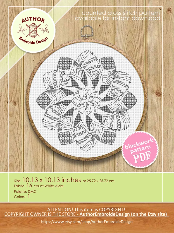 Geometric mandala blackwork pattern PDF Blackwork mandala embroidery download PDF, Mandala cross stitch, Backstitch chart, Home decor #W11